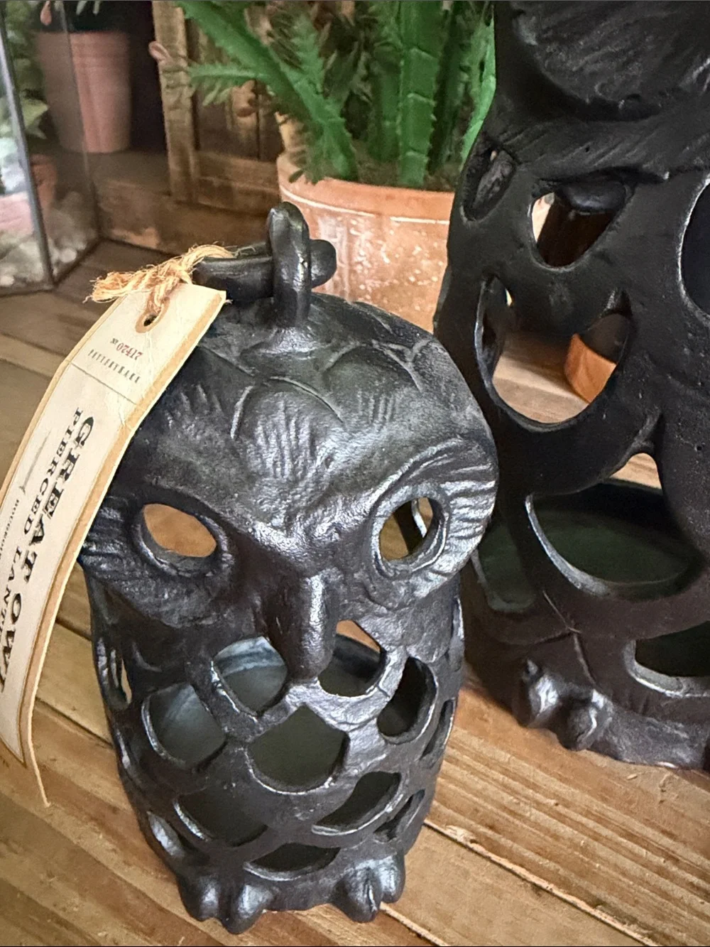 Pottery Barn Black Cast Iron Great  Owl 🦉 Pierced Lantern Trio RARE